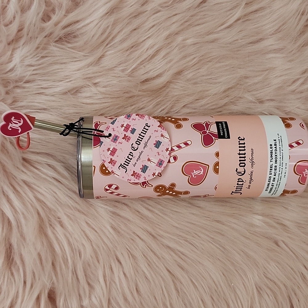 Brand New JUICY COUTURE STAINLESS STEEL TUMBLER W/BUILT-IN STOPPER STRAW & LID